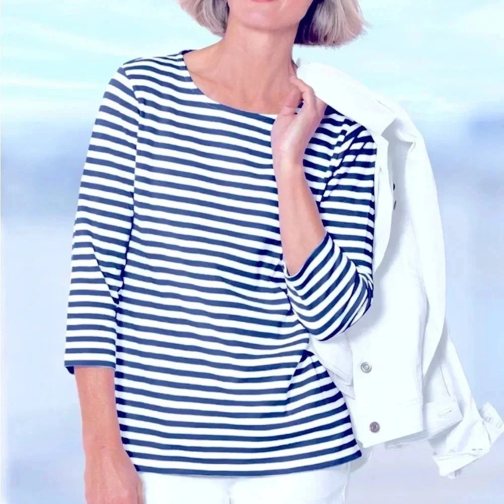 Appleseed's Women's Essential 100% Cotton Striped 3/4 Sleeve T—Shirt Top EUC Med